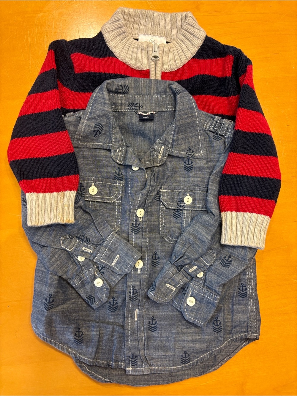 Bundle: Hanna Andersson Striped Sweater (80) & Gap Anchor Button Down (18-24M)